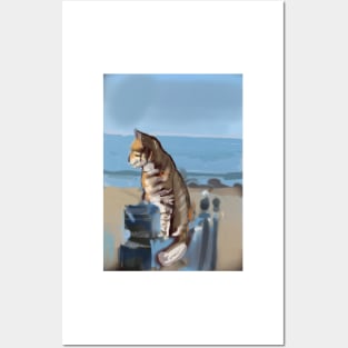 A  ginger cat looking at the ocean Posters and Art